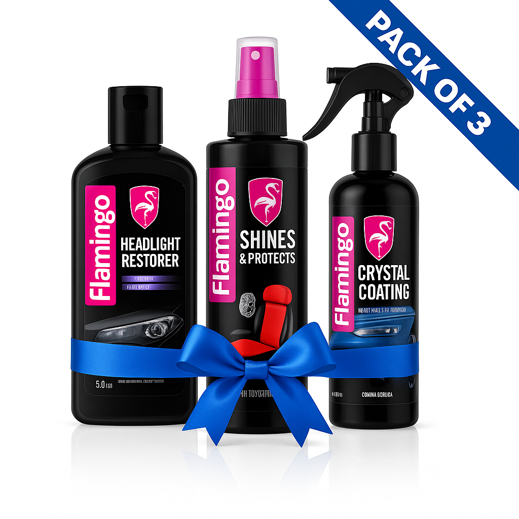 Flamingo 3-in-1 Complete Car Care.
Combo | Headlight Restorer, Interior Shine & Crystal Coating
