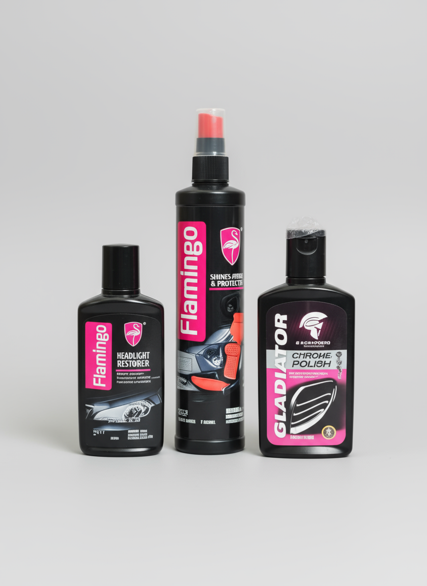 Flamingo 3-in-1 Complete Car Care.
Combo | Headlight Restorer, Interior Shine & Crystal Coating